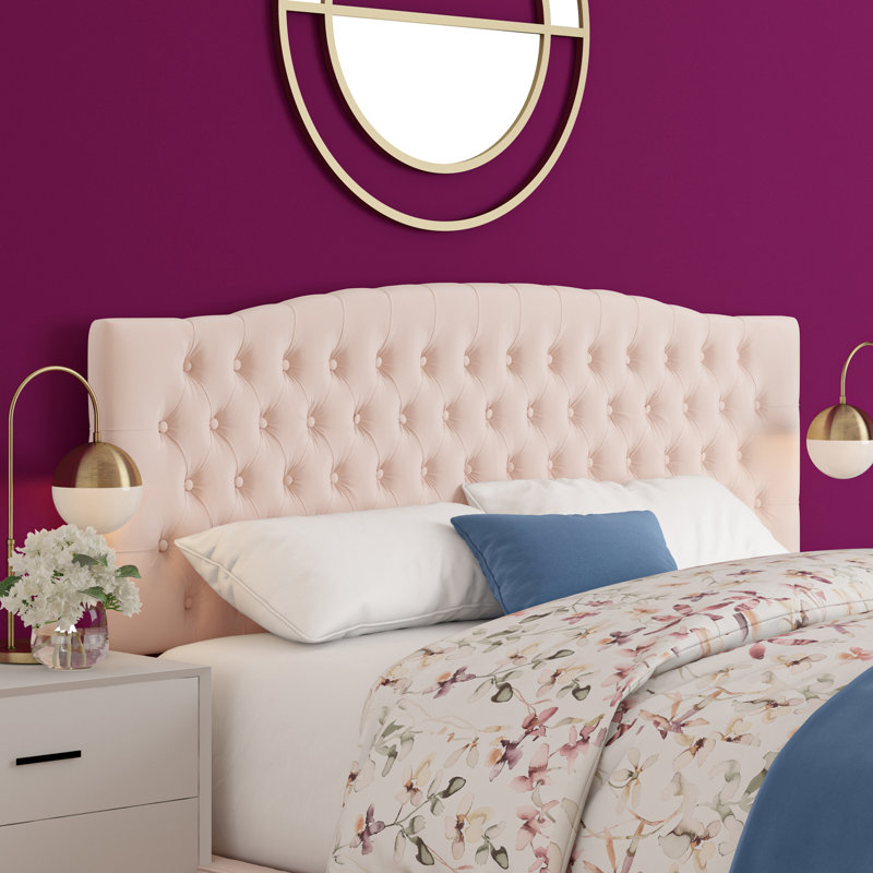 Elle Decor Celeste Tufted Upholstered Padded Headboard with Contemporary Button Tufting, King, French Blush Pink Velvet