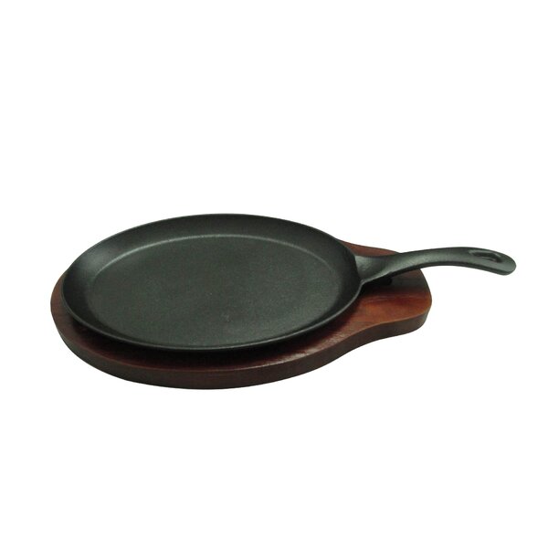 Solid Cast Iron Fajita Sizzler Skillet Pan With Wood Base & Handle, One Set