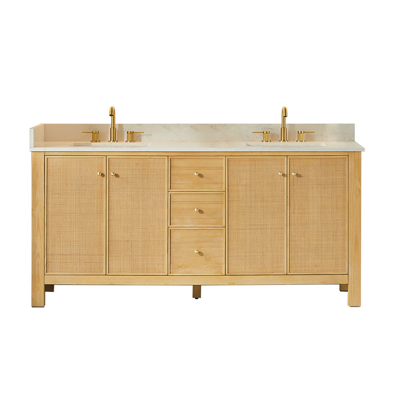 Cisca 72" Double Bathroom Vanity in Natural Wood with Grain White Engineered Stone Countertop without Mirror