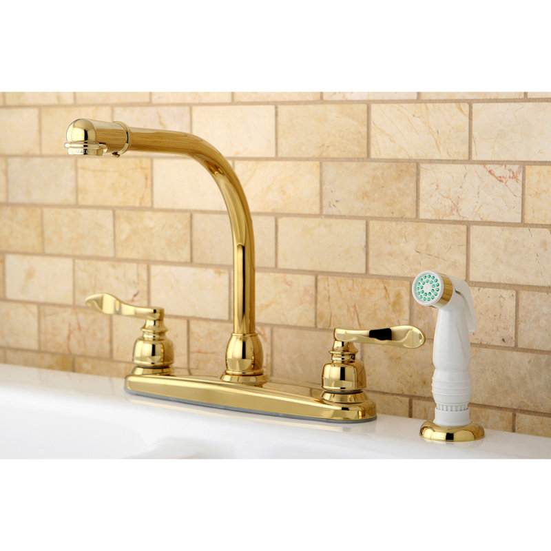 Kingston Brass NuWave French Two-Handle 4-Hole 8" Centerset Kitchen Faucet with Side Sprayer, Polished Brass, Plastic