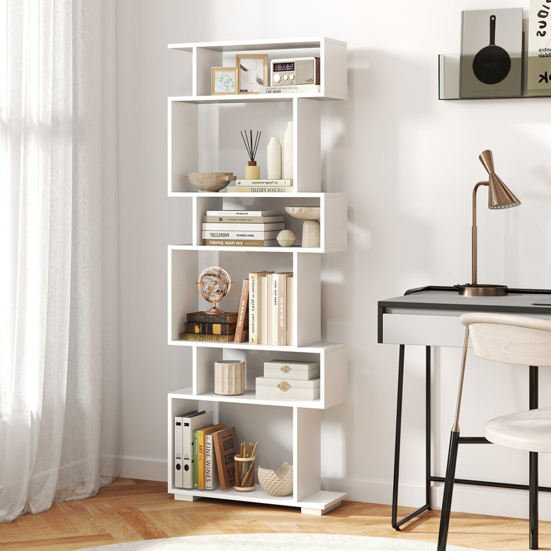 6-tier Storage Bookshelf S-shaped Geometric Bookcase With Anti-toppling Kits, White