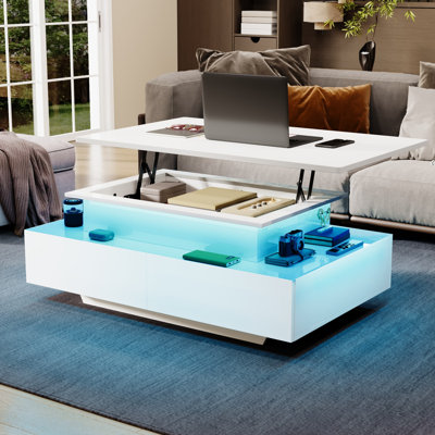  Rectangular LED Lift Top Coffee Table With 4 Drawers & Hidden Compartment