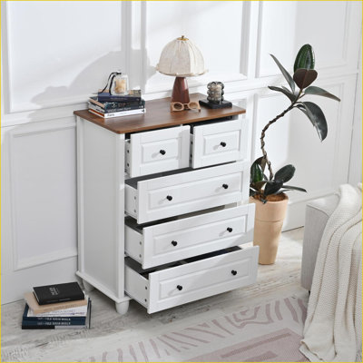 Commodes | Commode haute 5 tiroirs avec rangement profond, style classique | Ivoire / blanc | Bois aggloméré, pin