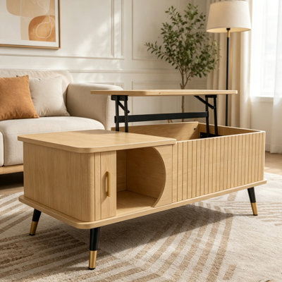 Table basse à plateau relevable en bois avec rangement et tablette cachés