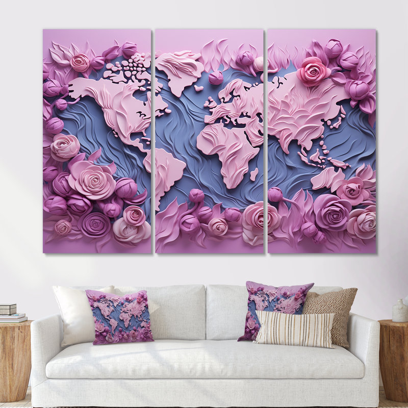 «Pink Whimsical Waters World Map I», ensemble d'art mural sur toile carte du monde, Toile tendue, H 40 po x l 60 po x P 1 po