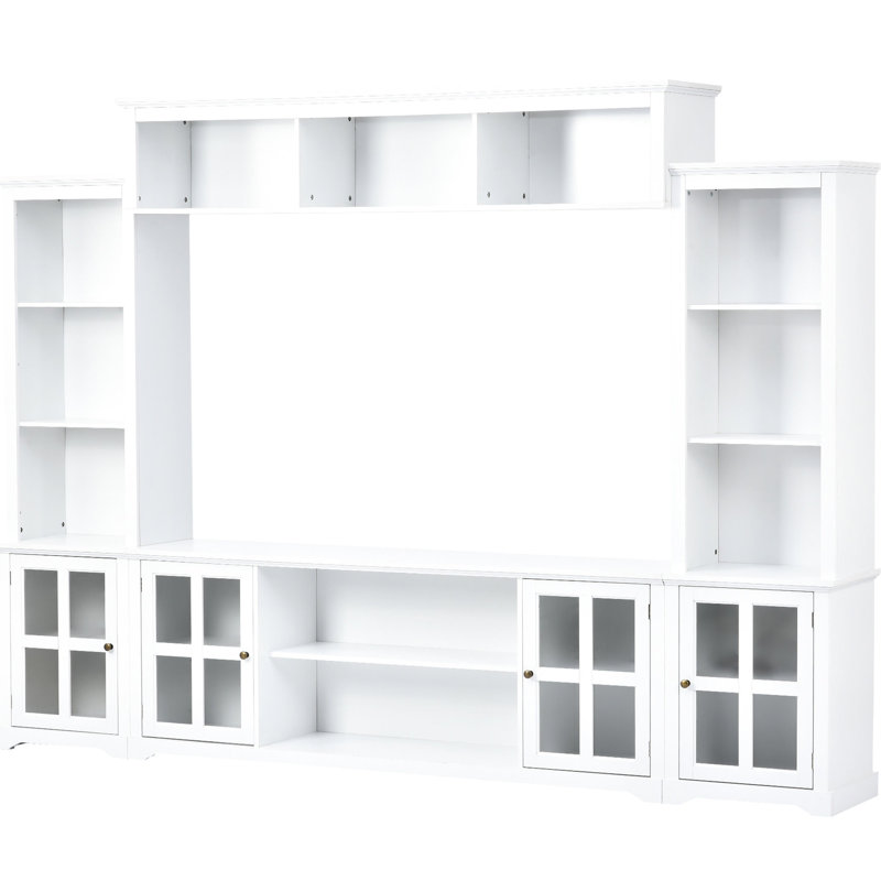 Meuble audio-vidéo moderne pour téléviseur de 70 po, meuble télé blanc moderne avec porte en verre trempé, offre de rangement multifonctionnelle et abondante.