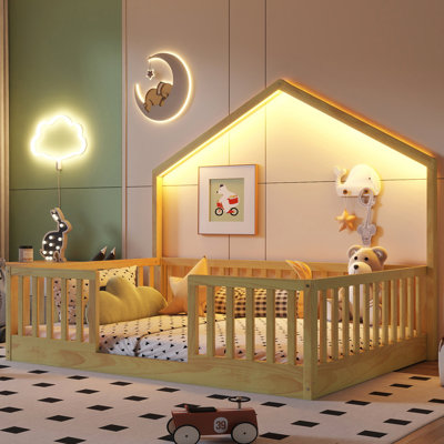 Lit double surélevé avec rails hauts, lit Montessori en bois avec lumière DEL pour un sommeil sécuritaire et confortable