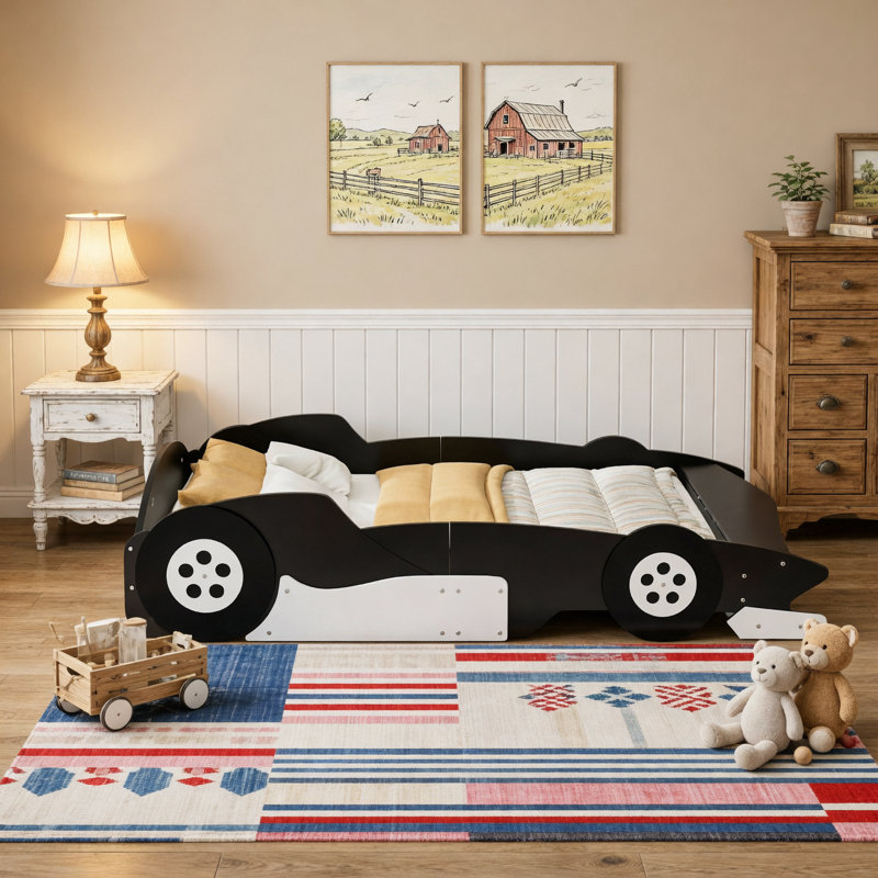 Lit plateforme double en forme de voiture de course avec roues, noir, Noir, Lit double
