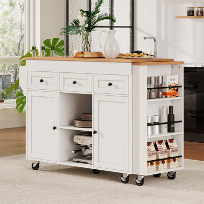 Îlot de cuisine 85,5 po avec table de salle à manger extensible, table de rangement avec 3 tablettes ouvertes latérales, îlot de cuisine roulant avec prise de courant, 3 tiroirs, 2 portes, pour la cuisine, la salle à manger