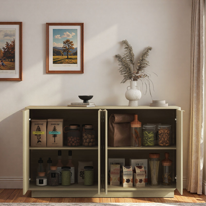Buffet moderne cannelé avec tablettes réglables et poignées en métal, Naturel