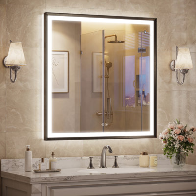 Miroir de salle de bain à DEL avec traitement antibuée, miroir mural rétroéclairé avec commande tactile et mémoire intelligente, verre trempé et cadre en aluminium biseauté pour lavabo, chambre, entrée.