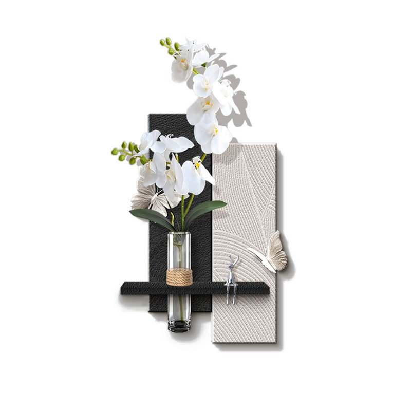 3D Textured Sandstone Wall Decor, Layered Abstract Wall Art with Floating Shelf, Glass Water Vase & Artificial Orchid Butterfly Accents
