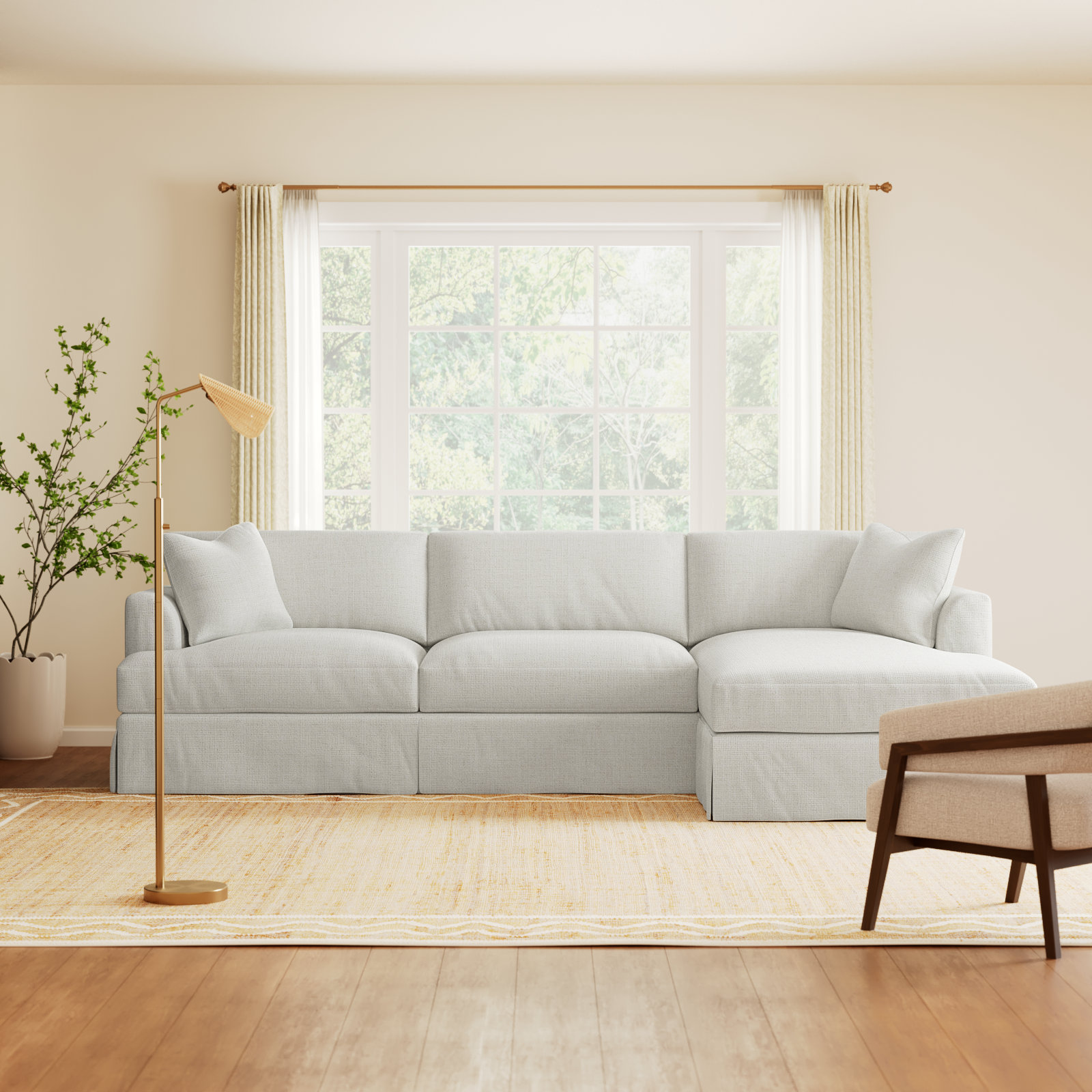 Lucia 128" Wide Down Cushion Sofa & Chaise, Bevin Natural Linen Blend, Right Hand Facing