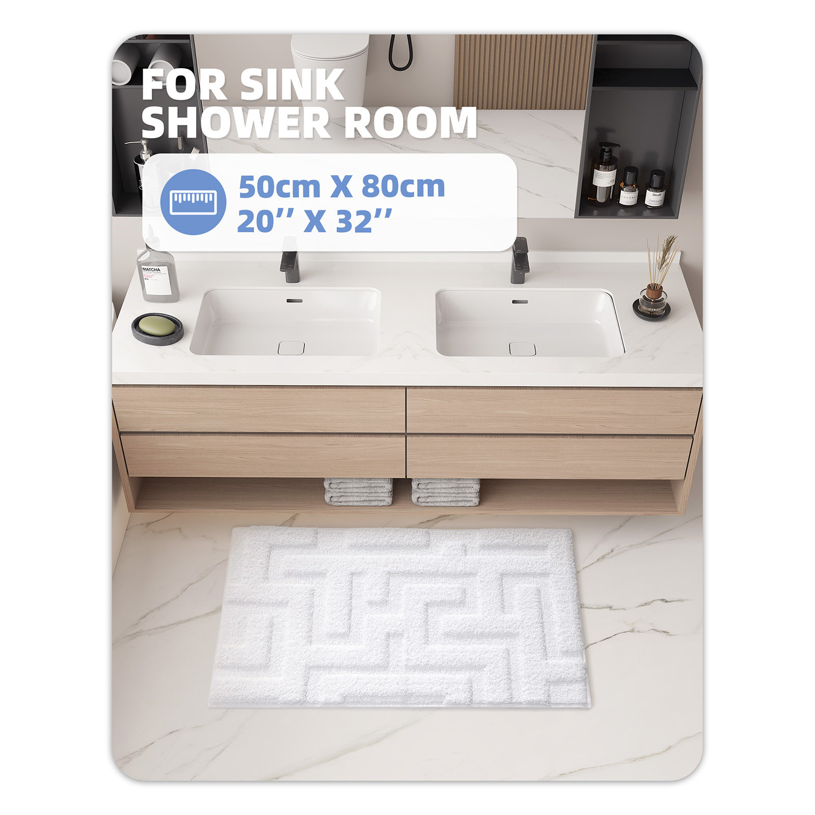 Non-Slip Bath Rug, 20" L x 32" W, White