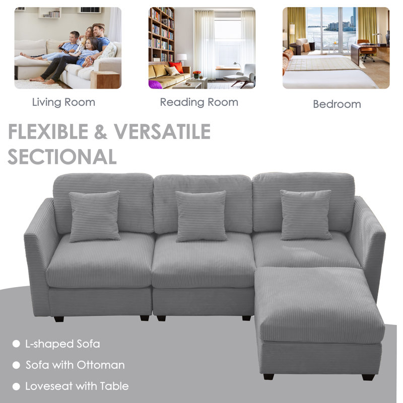 Virgus Corduroy Sectional, Light Gray Corduroy