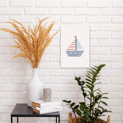 Voilier bleu ludique minimaliste ludique océan serein, art mural d'été
