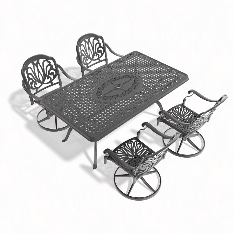 Ensemble de salle à manger 5 pièces en aluminium coulé résistant aux intempéries, comprenant 4 chaises pivotantes et une table rectangulaire avec cadre