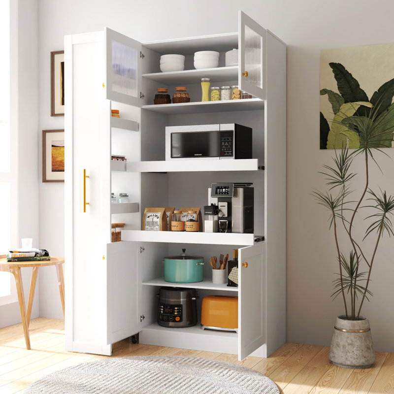 Garde-manger 4 portes avec tablette coulissante multifonctionnelle blanche pour un espace de cuisine élégant et organisé - 4 portes multiples
