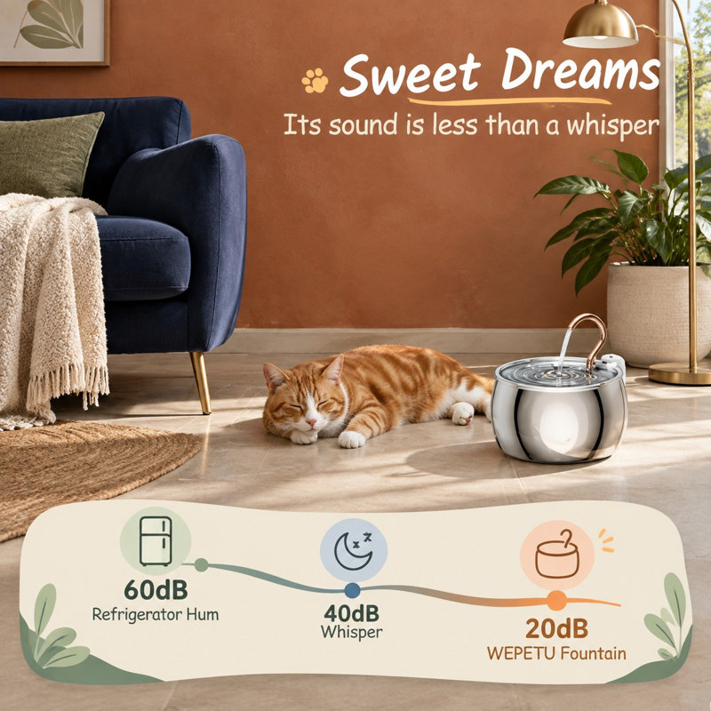 2.5L/84oz Stainless Steel Cat Fountain with a gooseneck spout, quiet operation, and automatic dispensing for indoor cats and other pets.