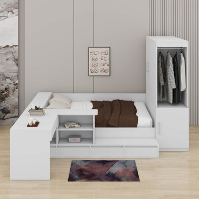 Full Size Wooden Platform Bed With Drawers,Desk And Shelves