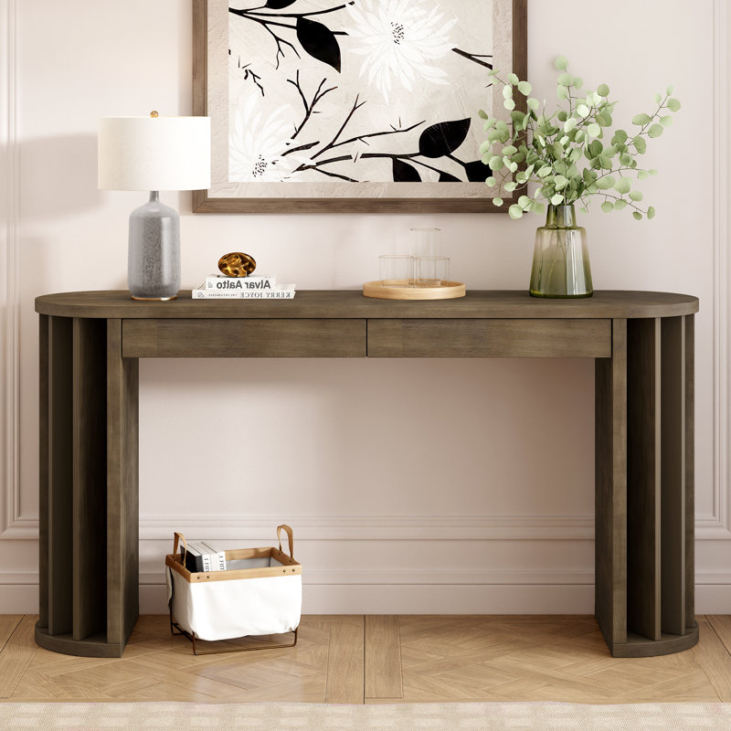 59" Oak Veneer Console Table with Curved & Straight Lines, Sofa Table with Drawers for Entryway, Hallway & Living Room(Natural)