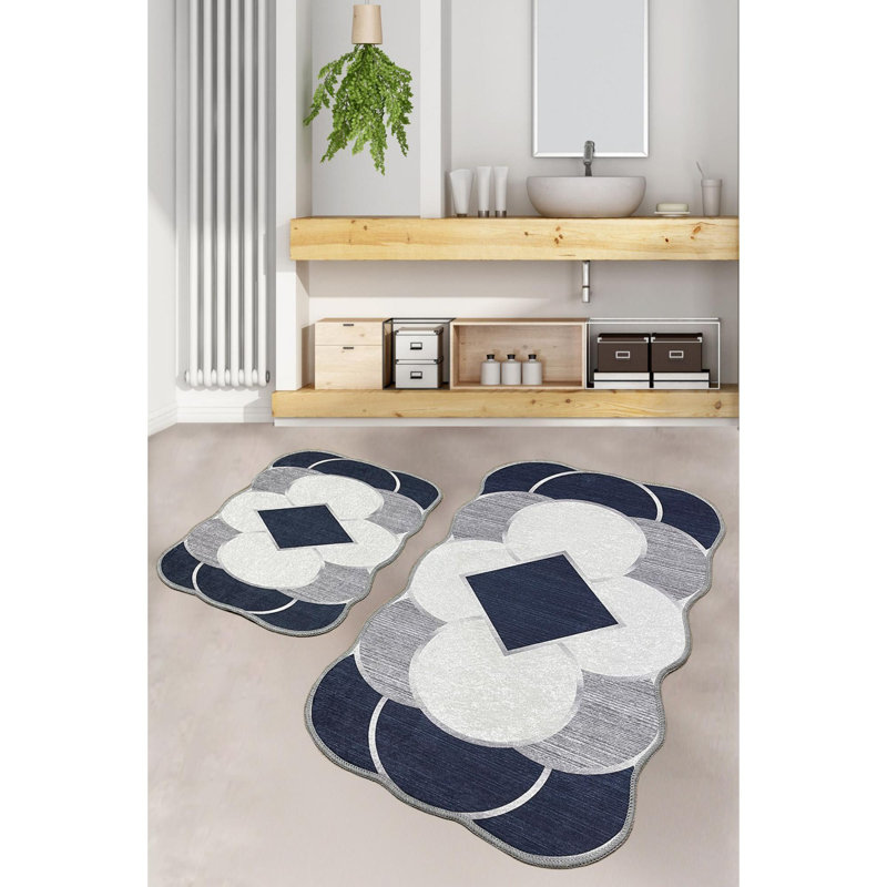 Antibacterial Bathmat Set (2 Pieces), Dark Blue & Grey/White | 100% Polyester, 23.6 x 39.4 inches & 19.7 x 23.6 inches | Non-Slip Underside, 0.4 in Pile Height | Machine Washable, Soft & Stylish for Bathroom Decor