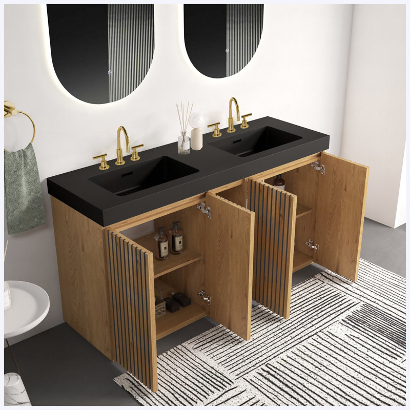 Meuble-lavabo autoportant en chêne noueux de 60 po avec 3 trous de robinet, grand meuble-lavabo moderne avec lavabo une pièce à double cuve noire (KD)