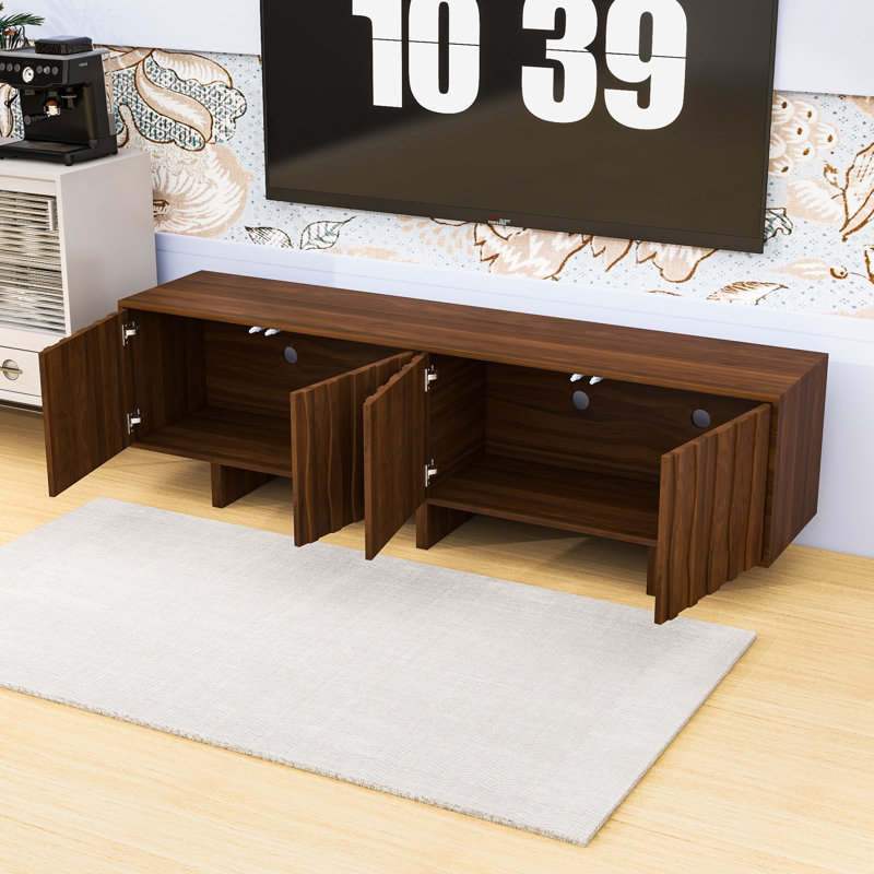 Wood Grain TV Stand with Wavy Door Front, Push-Open Doors and Cable Management, Walnut