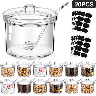 Ensemble de 20 pots à épices transparents avec couvercles, cuillères et étiquettes