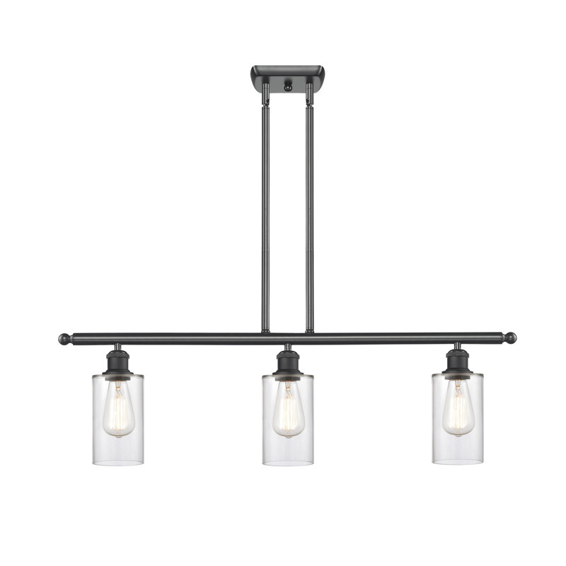 Lustre cylindrique à 3 lumières pour îlot de cuisine Glessite, Transparent, Noir mat, DEL