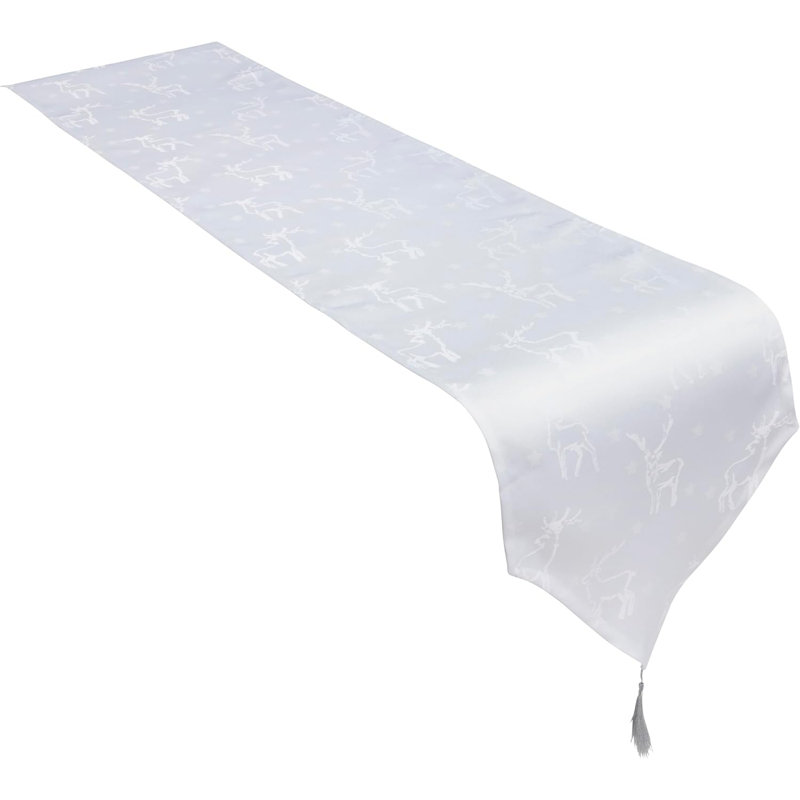Christmas Tasselled Table Runner Deer Embossed Design, White, 156cm W x 1152cm L