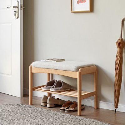Mid-century Modern Solid Wood Shoe Bench With Plush Cushion Natural Storage Bench With High-rebound Sponge For Entryway & Living Room