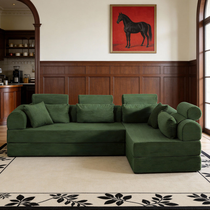 108" L-shaped Modular Sectional Sectional Sofa, Corduroy Sleeper Couch Bed, Compression Foam Sectional with Headrest - No Assembly Required