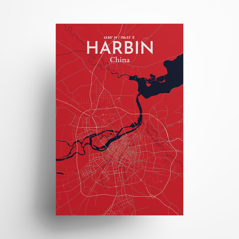 «Harbin City Map», impression, Rouge / bleu marine, H 36 po x l 24 po