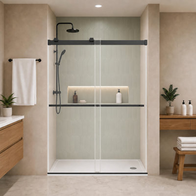 46–48" W X 76" H Frameless Double Sliding Soft-Close Shower Door, 8Mm SGCC Clear Tempered Glass, Adjustable Bypass Glass Shower Door With Matte Black Aluminum Frame