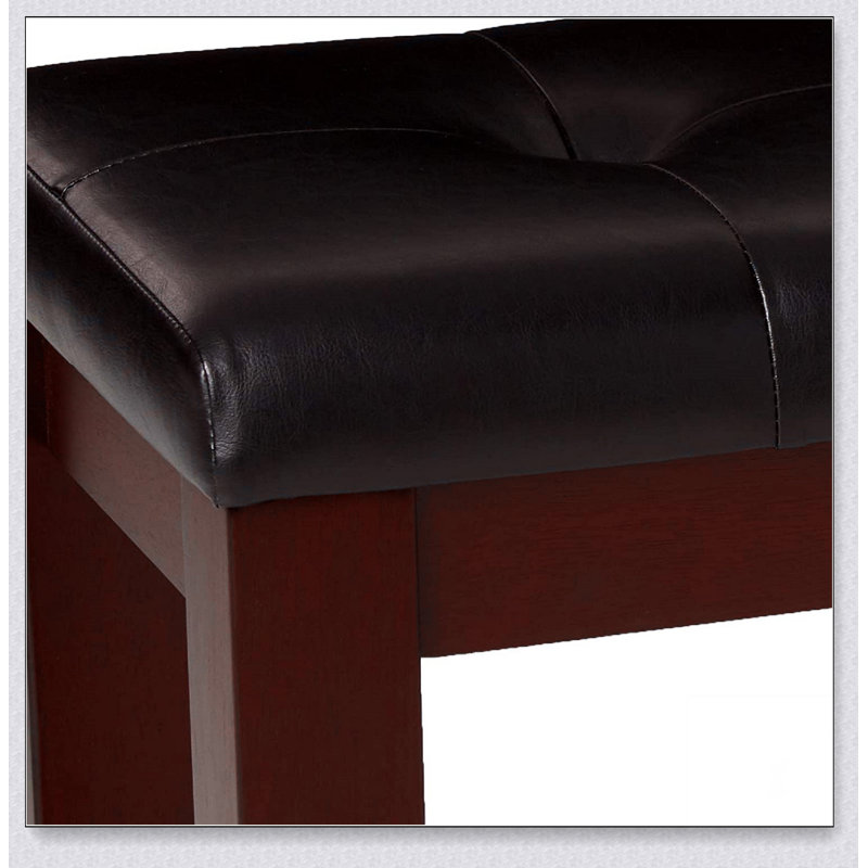 1Pc Modern Bench with Leather-Look Seat Tufted Upholstery Tapered Wood Legs Bedroom Living Room Furniture Cherry  Finish