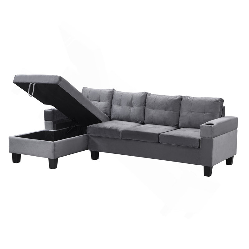 Ensemble de canapé modulaire pour salon avec méridienne en forme de L, porte-gobelet et main gauche avec méridienne de rangement moderne 4 places (gris)
