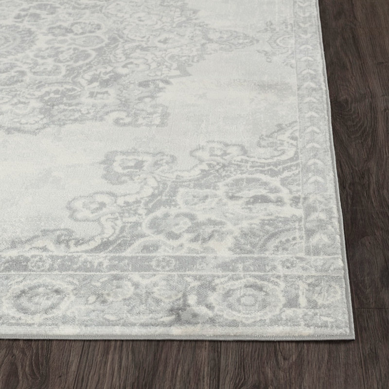 Grey Traditional Rug, Bordered Floral Stain Resistant Easy to Clean Rug For Living Room, Dining Room, Bedroom