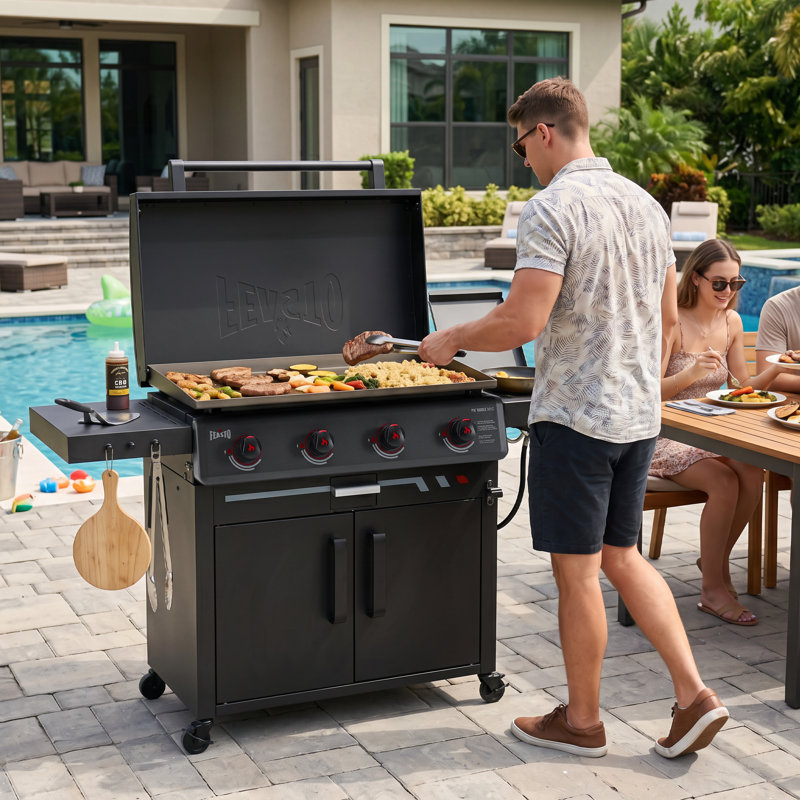 Plaque chauffante au propane à 4 brûleurs de 36 po avec brûleur latéral et armoire, 63 000 BTU, gril extérieur à couvercle plat avec hotte, bac à graisse, doublures jetables en aluminium et table d'appoint pliable FEASTO
