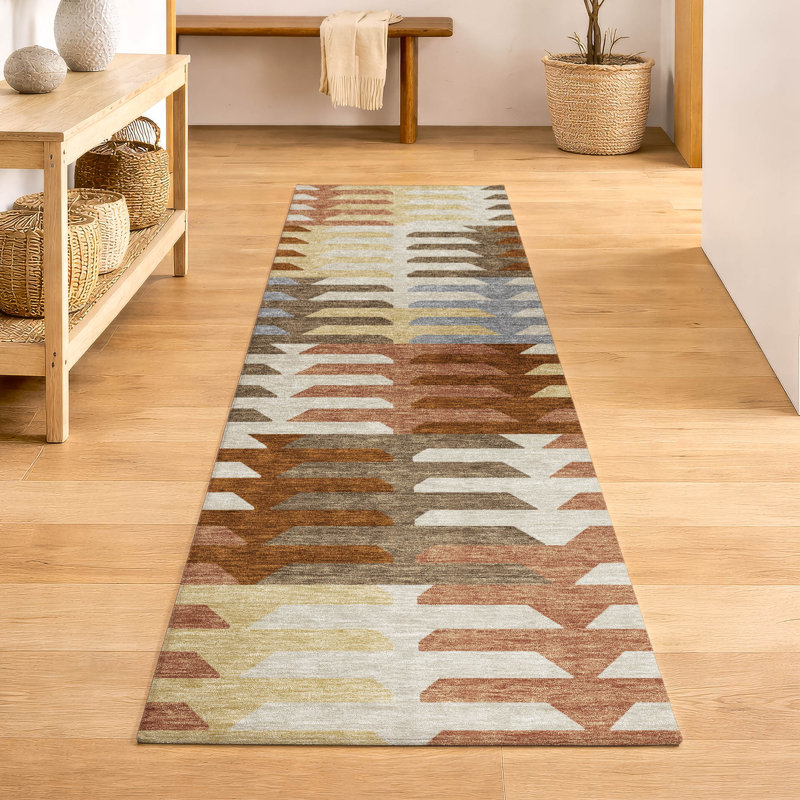 Premium Machine Washable Mayfield AMF2328 Geometric Rug, 2'3" x 7'6" Runner, Copper