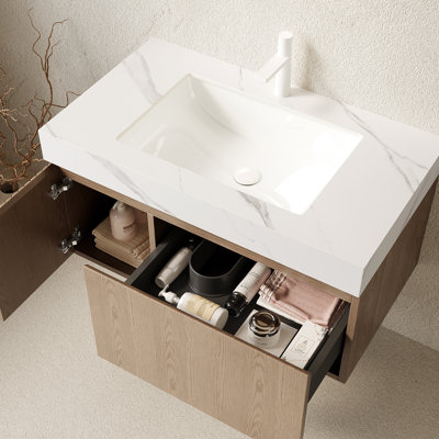 Meuble-lavabo blanc en pierre frittée blanche avec vasque en céramique, tiroir et porte, armoire en contreplaqué flottant, pré-assemblé, grand rangement, résistance à l'eau, comptoir à installation facile, égratignure