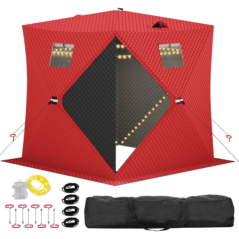 Pop Up Ice Fishing Shelter Tent with 49ft LED Light Strip，Fits 2-3 People，25 sq ft Fishable Area，Red, Red, 2 Person