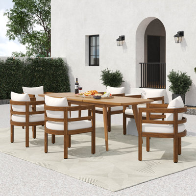 Trancy Patio 7-Piece Acacia Wood Dining Set With Cushions & Expandable Table