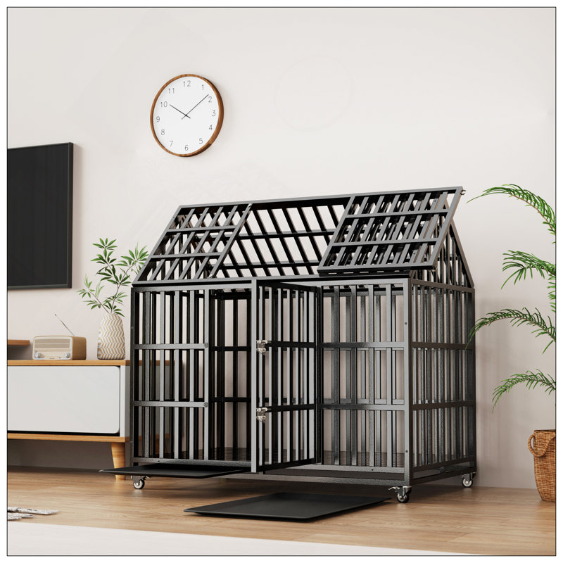 Durable Heavy Duty Metal Dog Crate With Lockable Wheels For Large Dogs, Multi-Layer Rust-Resistant Finish