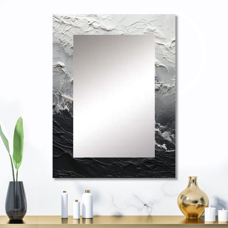 Minimalisme noir et blanc Paint Wave - Grand miroir mural sur métal, 32 po x 24 po