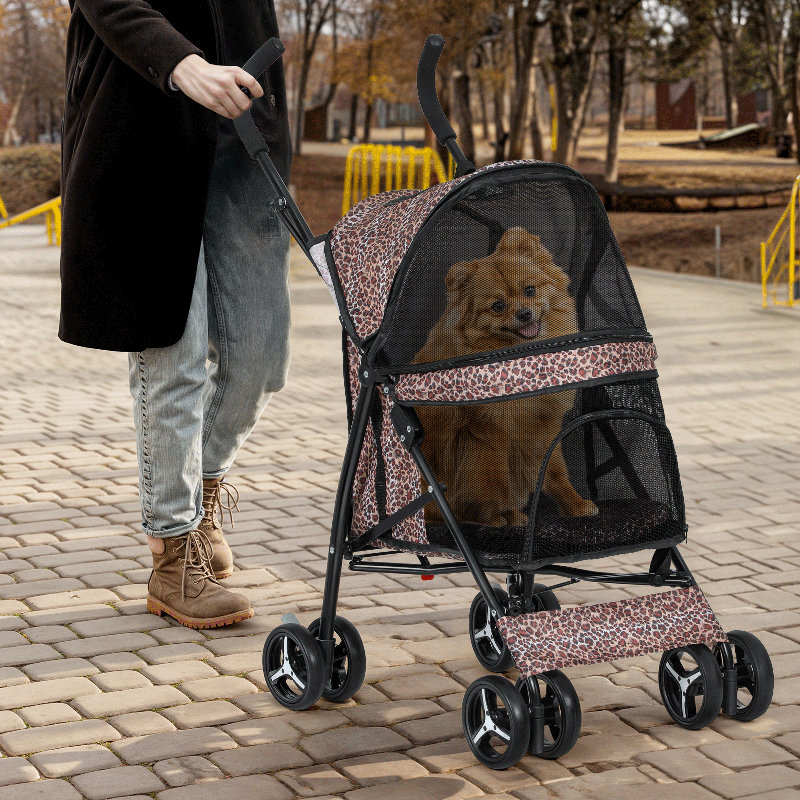 Leopard Print Steel Frame Dog Stroller with Mesh Windows