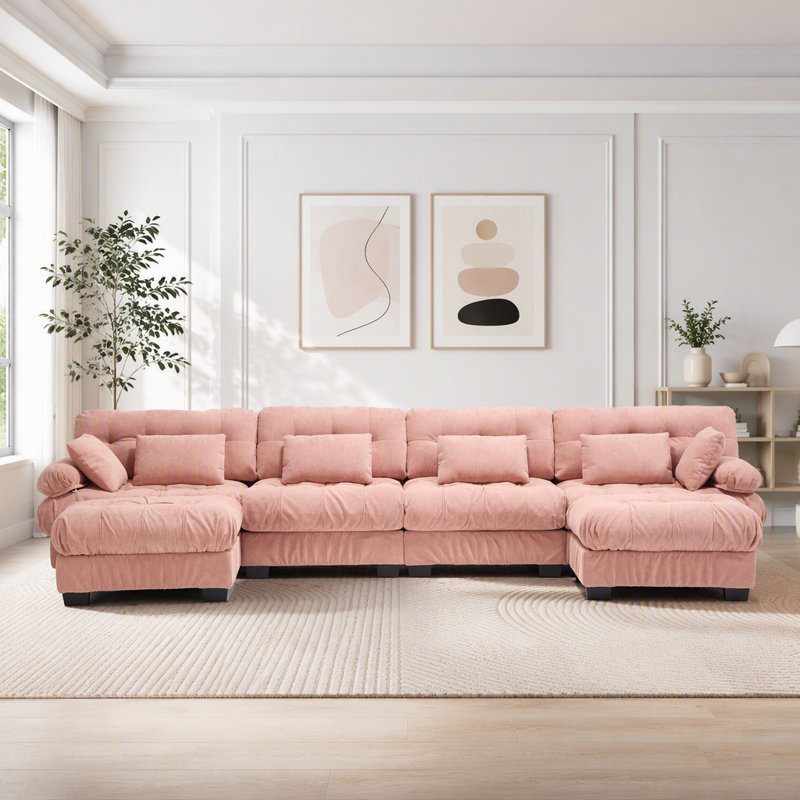 Canapé modulaire surdimensionné en U avec coussins, 4 places et 2 repose-pieds, Rose