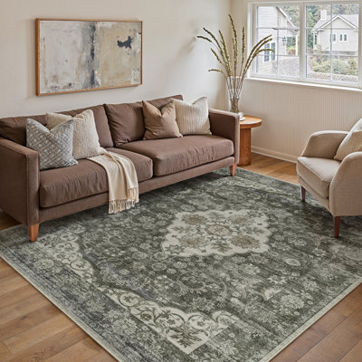 Vintage Medallion Machine Washable Area Rug With Non-Slip Backing