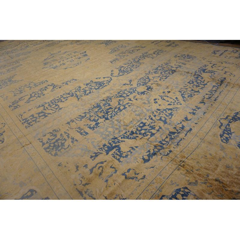 1920s Blue Medallion Antique Indian Lahore Carpet 14'x23' Handknotted Wool Rug