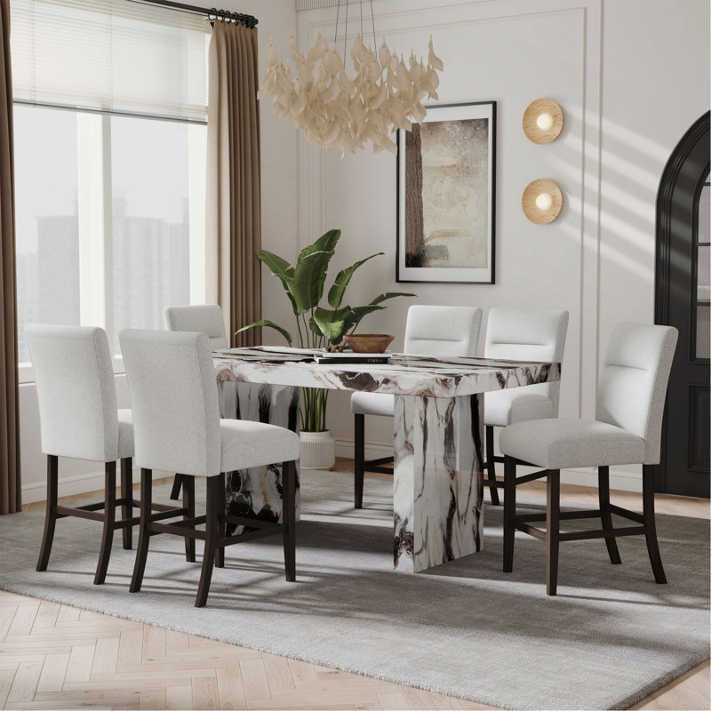 Table de salle à manger à hauteur de comptoir avec 6 chaises rembourrées Cavira, H 36 po x l 72 po x P 39 po, Gris, 7, Gris